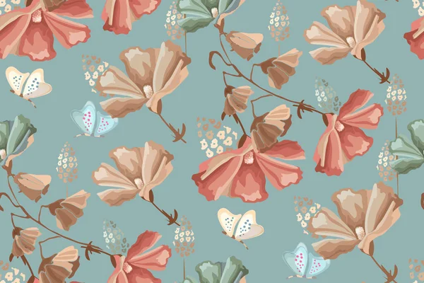 Patrón sin costura floral vectorial. Flores y mariposas rojas, beige, azules. — Vector de stock