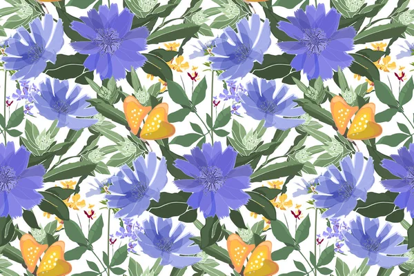 Motif floral vectoriel sans couture. Chicorée bleue, papillons jaunes. — Image vectorielle