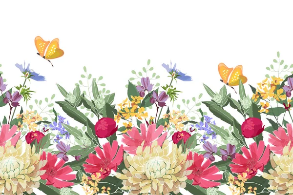 Vector floral απρόσκοπτη σύνορα. Καλοκαιρινά λουλούδια, πράσινα φύλλα. — Διανυσματικό Αρχείο