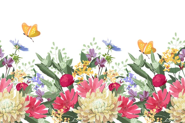 Vector floral seamless border. Summer flowers, green leaves.