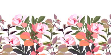 Pembe çiçeklerle süslenmiş çiçeksiz bir sınır. Yapraklı ve saplı bahçe çiçekleri.