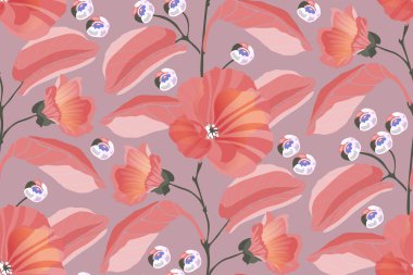 Art floral vector seamless pattern. Pink mallows, branches, leaves, blue berries.