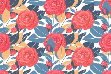Art floral vector seamless pattern with red roses, yellow and blue leaves. 
