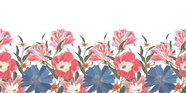Vector floral seamless pattern, botder with cute blue and pink flowers.