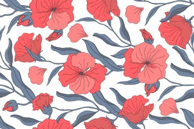Art floral vector seamless pattern. Red flowers, buds with blue branches, leaves and petals
