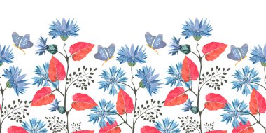 Çiçeksiz sanat vektörü deseni, sınır. Mavi çiçekli çiçek, Centaurea çiçekleri