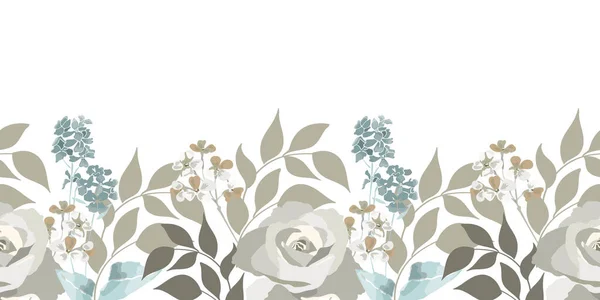 Motif floral vectoriel sans couture, bordure. Roses, petites fleurs, brindilles, feuilles. — Image vectorielle