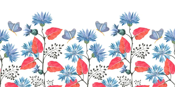 Art floral vektor pola mulus, perbatasan. Bunga cornflower biru, bunga Centaurea - Stok Vektor