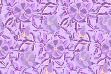 Çiçeksel vektör pürüzsüz desen. Mor çiçekler, tomurcuklar, mor bir arka planda izole edilmiş yapraklar.