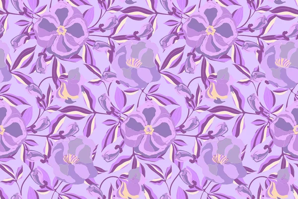 Modello senza cuciture vettoriale floreale. Fiori viola, boccioli, foglie isolate su fondo viola — Vettoriale Stock
