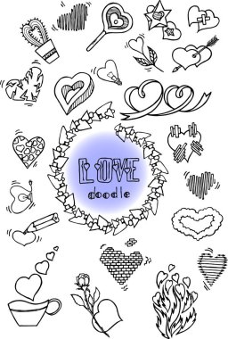 Aşk ve Sevgililer Günü temalı siyah beyaz karalamalar.