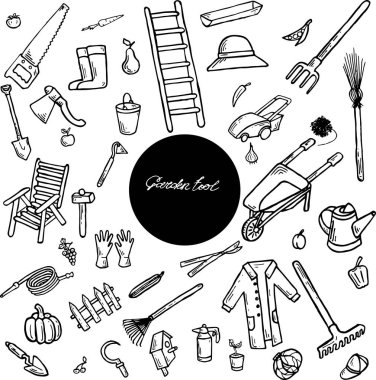 Bahçe aletleri, sebzeler ve meyve karalama seti. Taslak çizimler, bahçe işleri. Ev yapımı tarım aletleri.