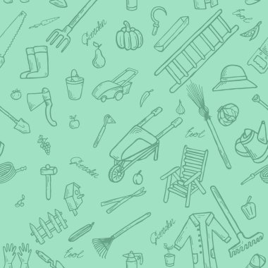 Bahçe aletleri, sebzeler ve meyveler kusursuz desenli. Taslak çizimler, bahçe işleri. Ev yapımı tarım aletleri.