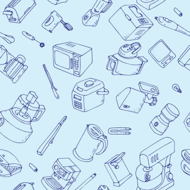 Kusursuz el yapımı mutfak aletleri mavi arka plana karalama yapıyor.