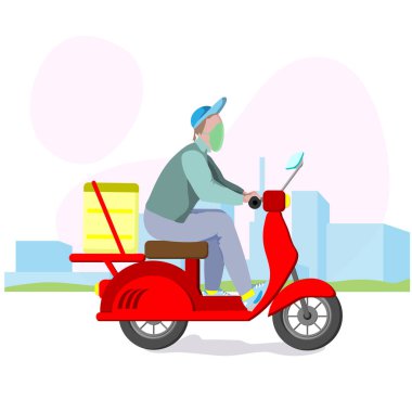 Yemek teslimatı yapan, sarı sırt çantalı, scooterlı bir adam yiyecek teslimatı için yolda. Hızlı kurye yemek teslimatı. Düz stil vektör illüstrasyonu..