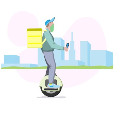 Food delivery man with yellow backpack on his back on a unicycle on the way to deliver food. Fast courier delivering food.Vector illustration in flat style