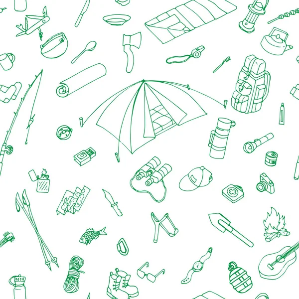 seamless pattern of camping and hiking equipment in green doodle, outdoors adventure, recreation tourism. Isolated items needed in the journey