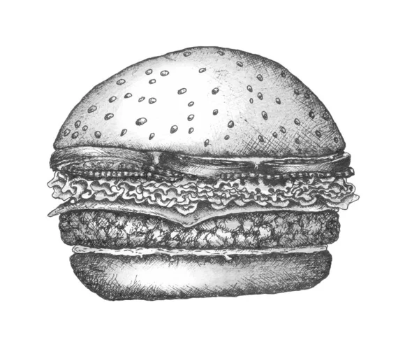 Köfteli Peynirli Salatalı Soğanlı Domatesli Burgerin Orijinal Monokrom Çizimi — Stok fotoğraf