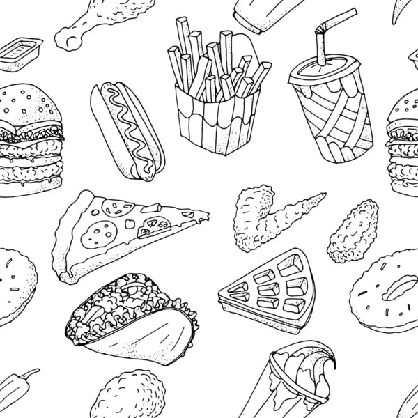 Modèle Sans Couture Gribouillis Alimentaires Dessinés Main Restauration Rapide Hamburger — Image vectorielle