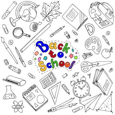 Okulun beyaz arka planına el çizimi karalama seti. Okul temasına geri dön..