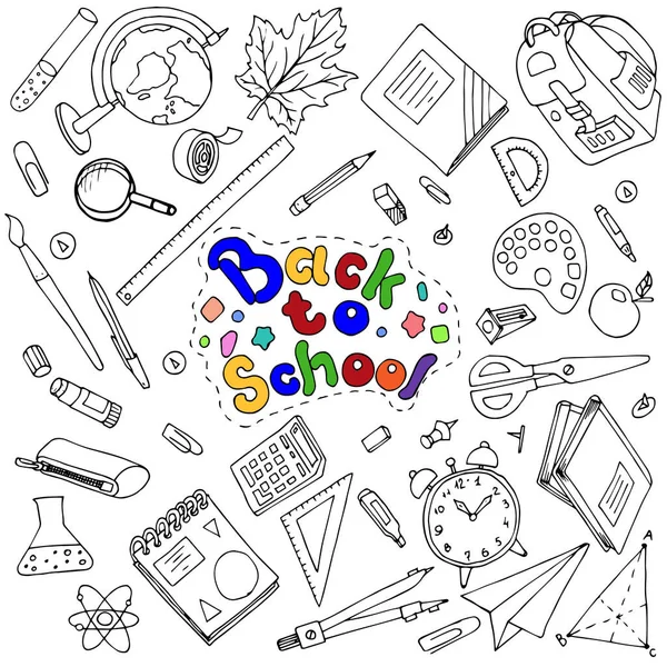 Okulun beyaz arka planına el çizimi karalama seti. Okul temasına geri dön..