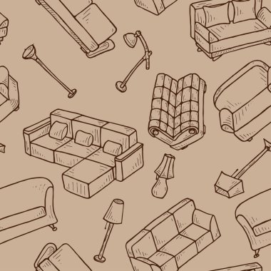 seamless pattern of hand drawn sofas and floor lamp in doodle style