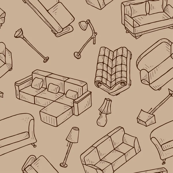 Seamless Pattern Hand Drawn Sofas Floor Lamp Doodle Style — Image vectorielle