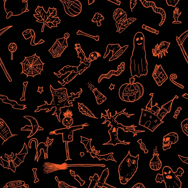 Patrón Sin Costuras Ilustraciones Halloween Dibujadas Mano Estilo Doodle — Vector de stock