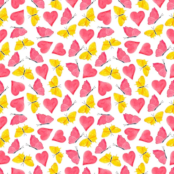 心と蝶のシームレスな水彩画パターン. — ストック写真