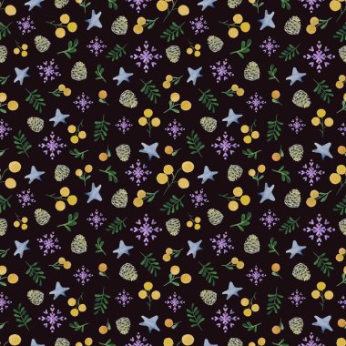 Kar taneleri, yıldızlar ve külahlarla suluboya kusursuz yeni yıl deseni