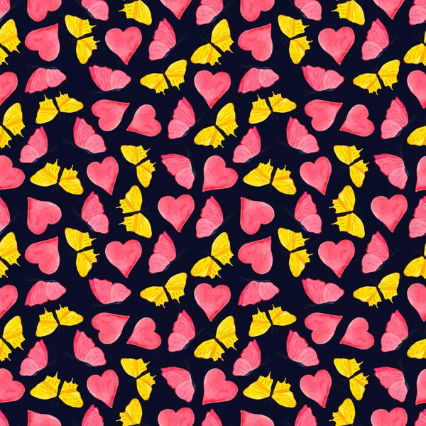 Zökkenőmentes akvarell minta pillangók és szívek — Stock Fotó
