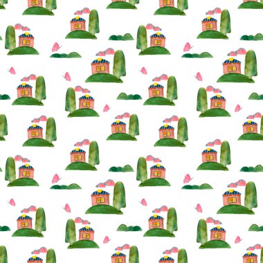 Şirin evler ve ağaçlarla kusursuz suluboya desenler..