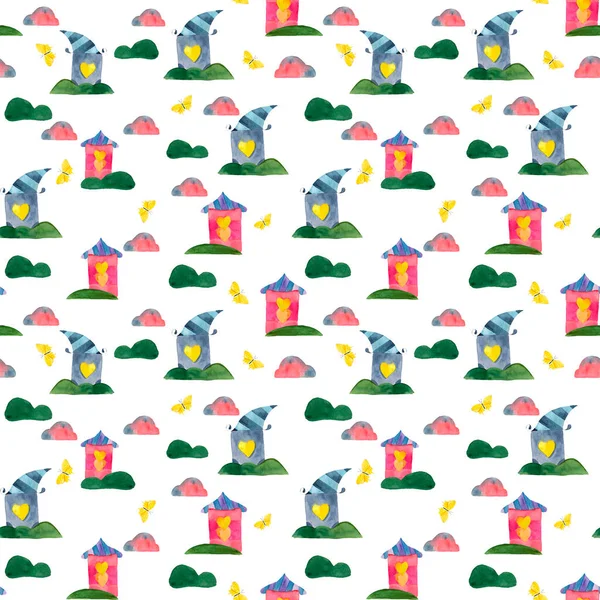 Seamless watercolor pattern with cute houses and trees. — Stock Photo, Image