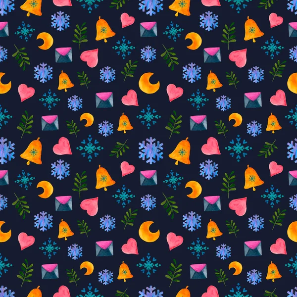 Aquarel naadloos Nieuwjaar patroon met sneeuwvlokken, sterren — Stockfoto