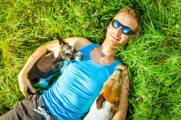 Dogs and owner relaxing — Stock Photo, Image