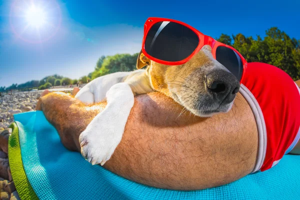 Chien et propriétaire sieste à la plage — Photo