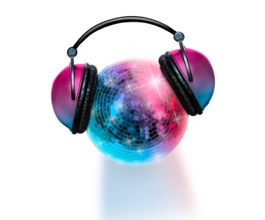 Kulaklıklar DJ disk jokey disko ayna topu kulüpte parti müziği dans için çalıyor.