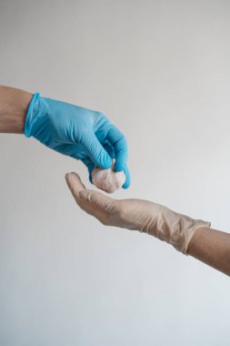 Beyaz arka planda lateks eldivenli iki el birbirine sarımsak uzatır. Geleneksel tıp