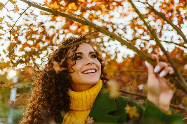 Carino sorriso nudo un certo numero di denti bianchi sul viso di una ragazza con entusiasmo guardando le foglie cremisi degli alberi del parco — Foto Stock