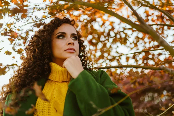 A menina olha para a distância segurando a mão no queixo contra o fundo das folhas de outono harmonizando a cor com sua camisola amarela e casaco verde — Fotografia de Stock