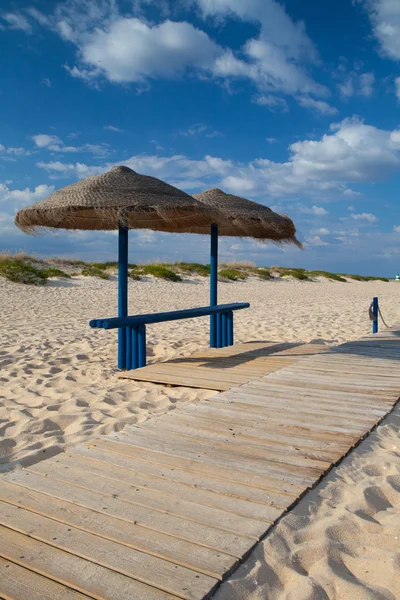 Různé slunečníky a lehátka na opuštěné pláži na tavira — Stock fotografie