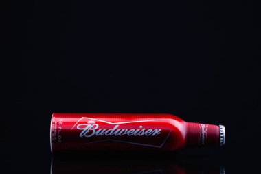 Prag, Çek Cumhuriyeti - 8 Kasım 2020: Budweiser marka bira şişesi siyah stüdyo arka planında. Budweiser birası ilk kez 1876 'da bir Amerikan birasında tanıtıldı.