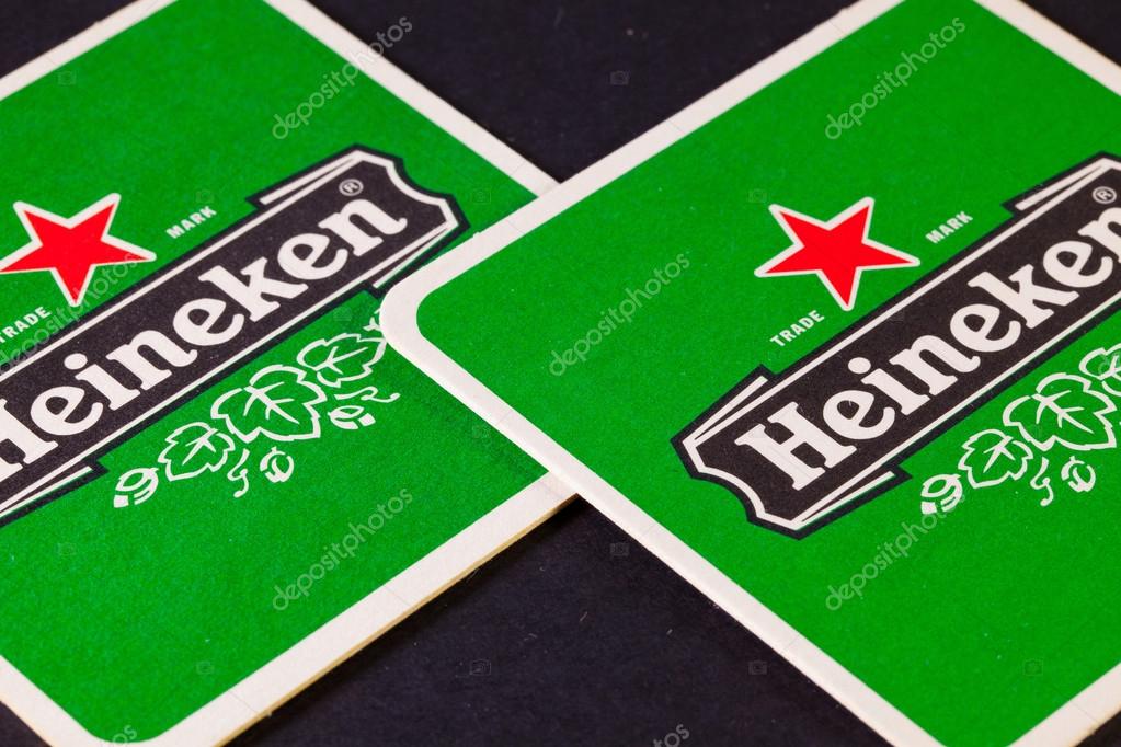 Brno, Czech Republic-Brno,Czech Republic-August 1,2014:Beermats from Heineken Lager Beer , it was first brewed by Gerard Adriaan Heineken in 1873