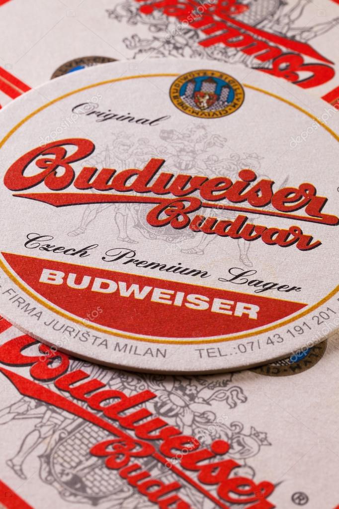 Prague,Czech Republic-December 3,2014:Beermats from Budweiser  beer.Budweiser Budvar beer is brewed only in Ceske Budejovice and is never licensed.