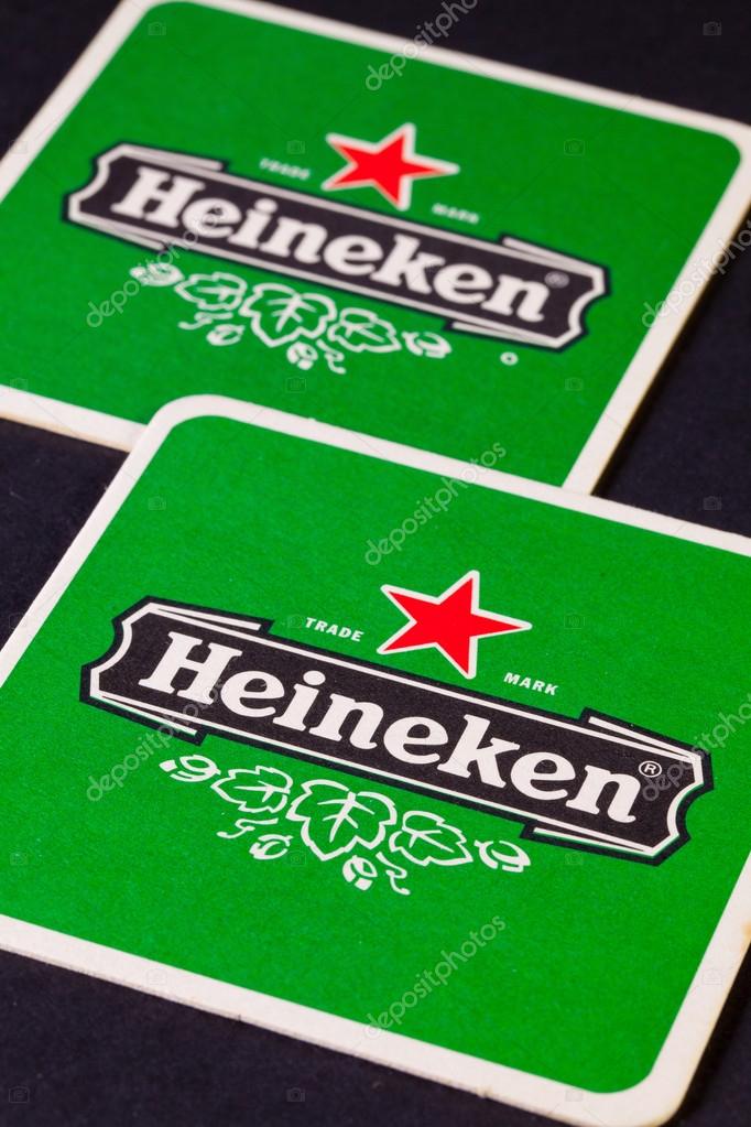 Brno, Czech Republic-Brno,Czech Republic-August 1,2014:Beermats from Heineken Lager Beer , it was first brewed by Gerard Adriaan Heineken in 1873
