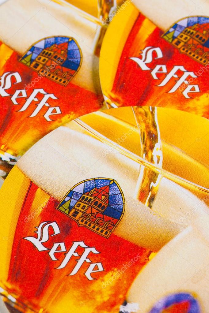 ENGLAND,LONDON - November 11, 2014: Beermats from Leffe Beer.Leffe, a brewing tradition since 1240. Founded in 1152, Notre-Dame de Leffe was an abbey of Premonstratensian canons.