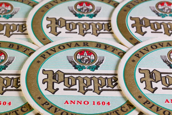 Bratislava,Slovakia-May 5,2013:Beermats from Popper beer.The Byt — Stock Photo, Image
