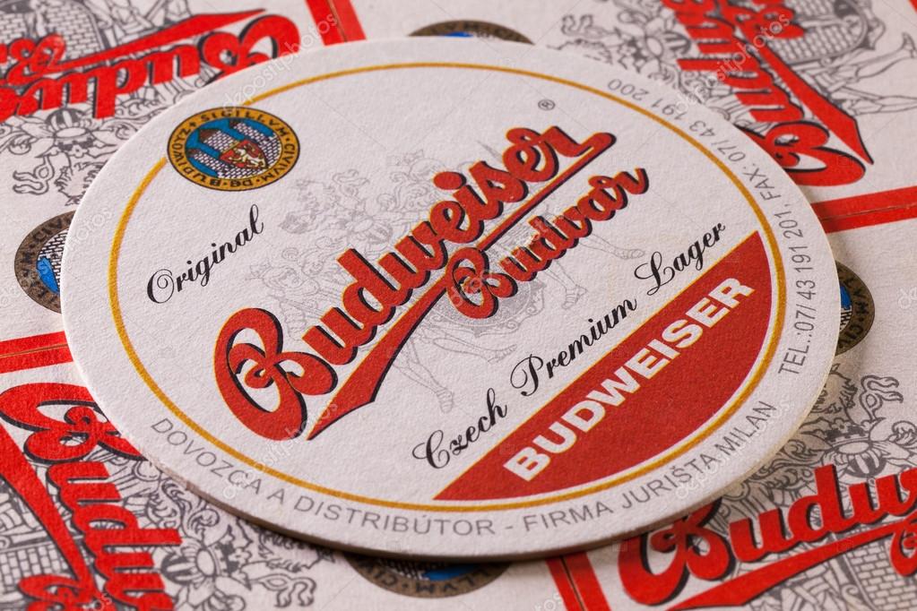 Prague,Czech Republic-December 3,2014:Beermats from Budweiser  beer.Budweiser Budvar beer is brewed only in Ceske Budejovice and is never licensed.