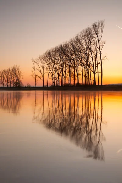 Symetrie na řece při východu slunce — Stock fotografie