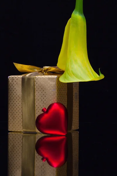Lirio de cala amarillo y regalo sobre fondo negro — Foto de Stock